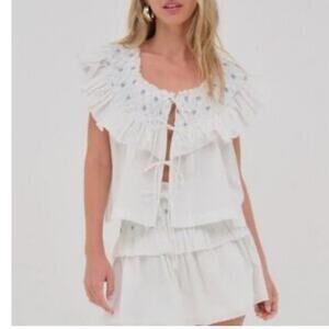 For Love & Lemons Birdie Bow Smocked Top White Blue Cotton Ruffle Sleeve Sz S